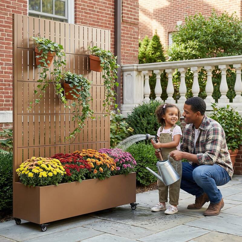 Raised Garden Bed Planter with Trellis Movable Planter Box with Lockable Wheels