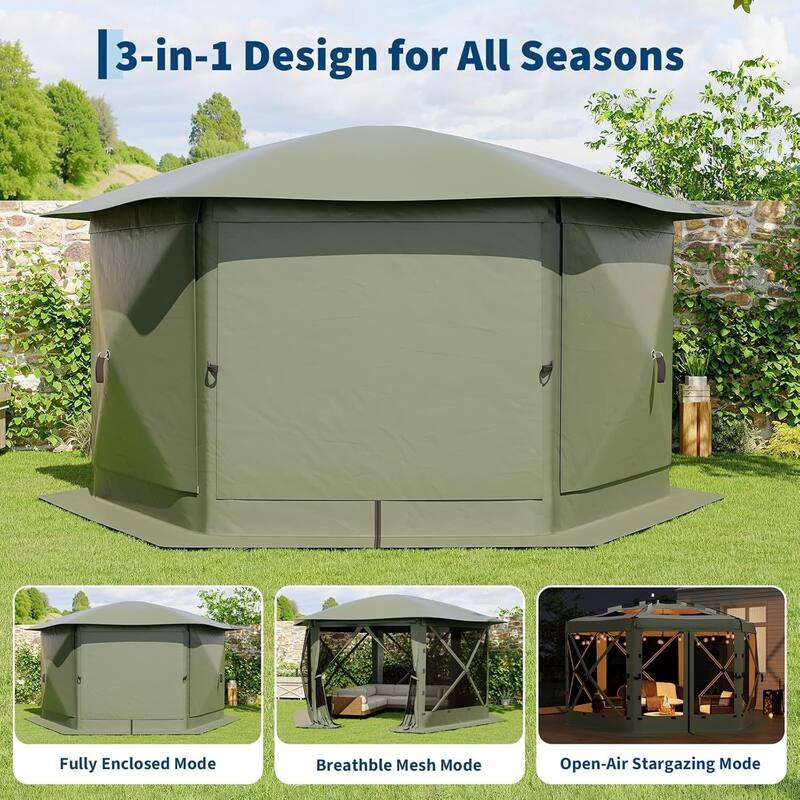 13FT Pop Up Gazebo Tent with 6 Removable Wind Panels for Outdoor Events, Camping, Patio, Backyard - N/A