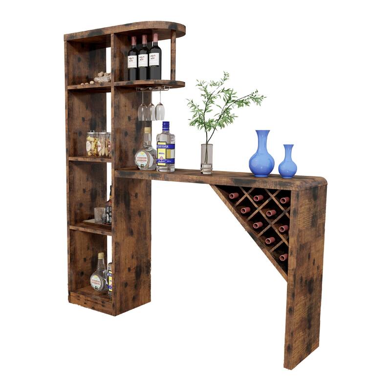 Bar Height Table, Glass Racks w Bottle Holders, 73 Inch Classic Brown