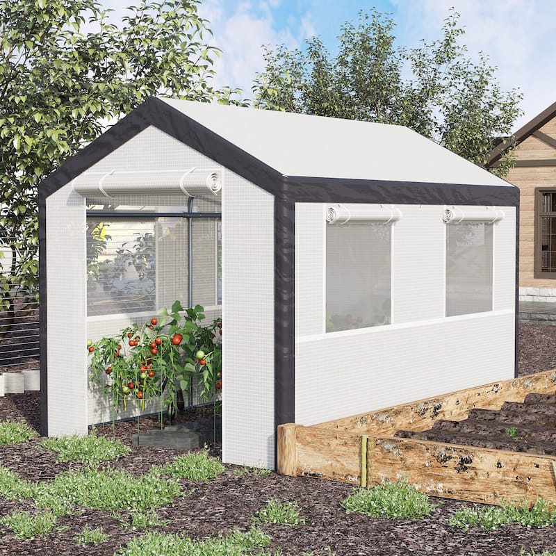 Outsunny Outdoor Walk-In Tunnel Greenhouse Garden Warm Hot House with Roll Up Windows, Zippered Door, & Weather Cover - 9.8' x 6.6' x 7.2'