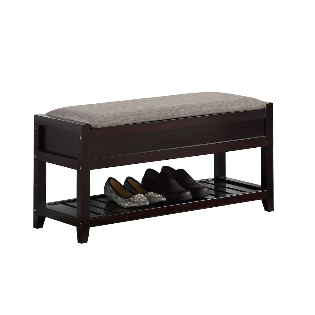 Elegant Upholstered Seat Shoe Bench with Open Shelves, Storage Bench with Flipping Lid, Entryway Footrest Bench