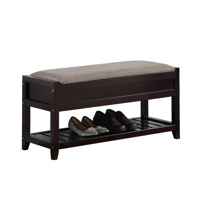 Elegant Upholstered Seat Shoe Bench with Open Shelves, Storage Bench with Flipping Lid, Entryway Footrest Bench - Espresso