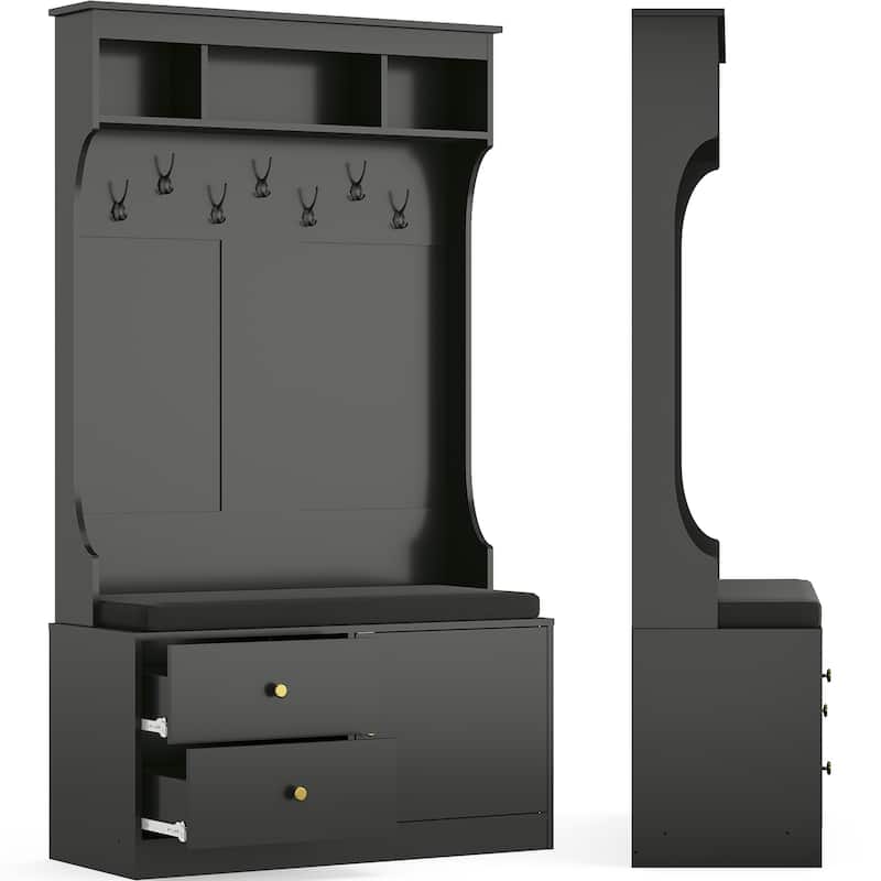 Hall Tree with Bench and Shoe Storage, Mud Room with Seating and 7 Hooks, 6-in-1,for Entryway, 70.9"