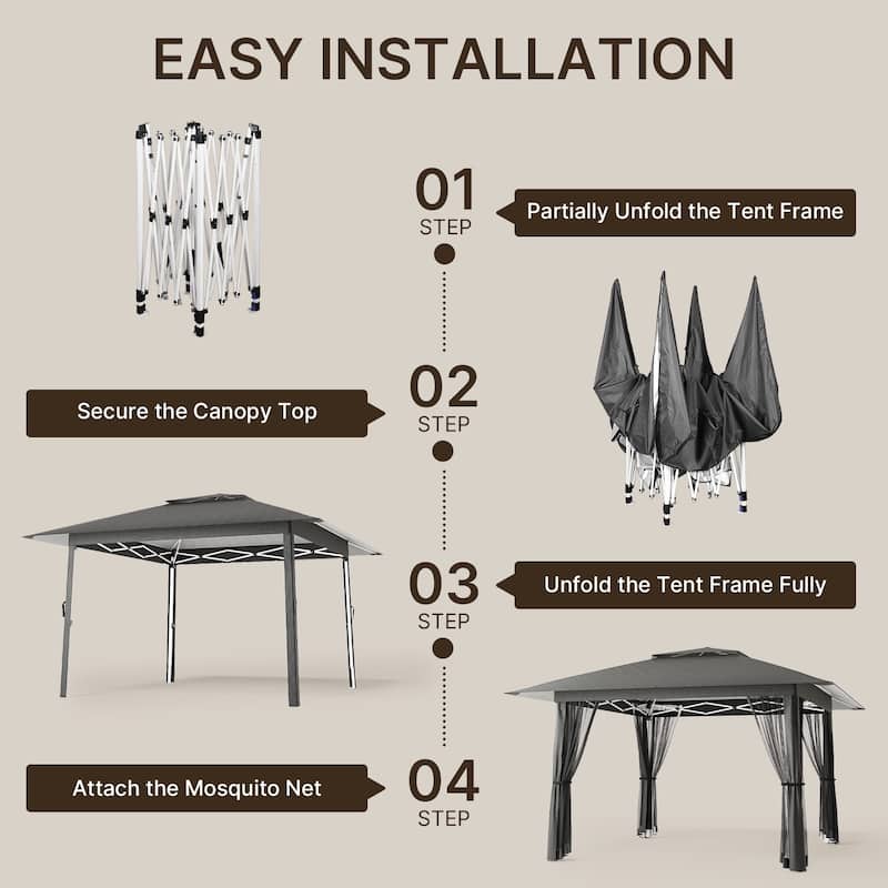 11 x 11 / 13 x 13 Pop Up Gazebo Tent with Mosquito Netting, Outdoor Canopy Tent