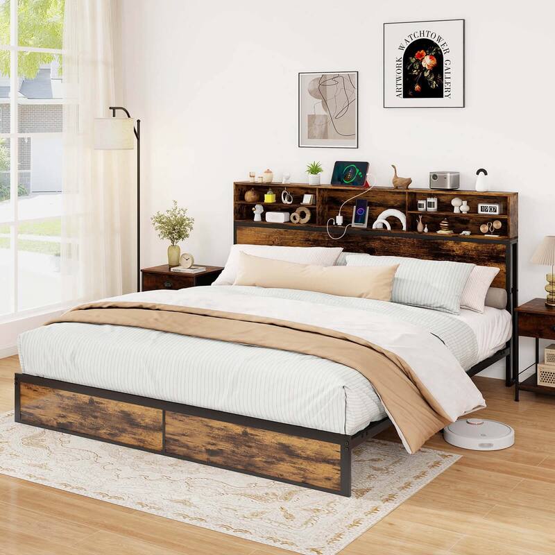 Costway Twin/Full/Queen/King Bed Frame with Charging Station Storage