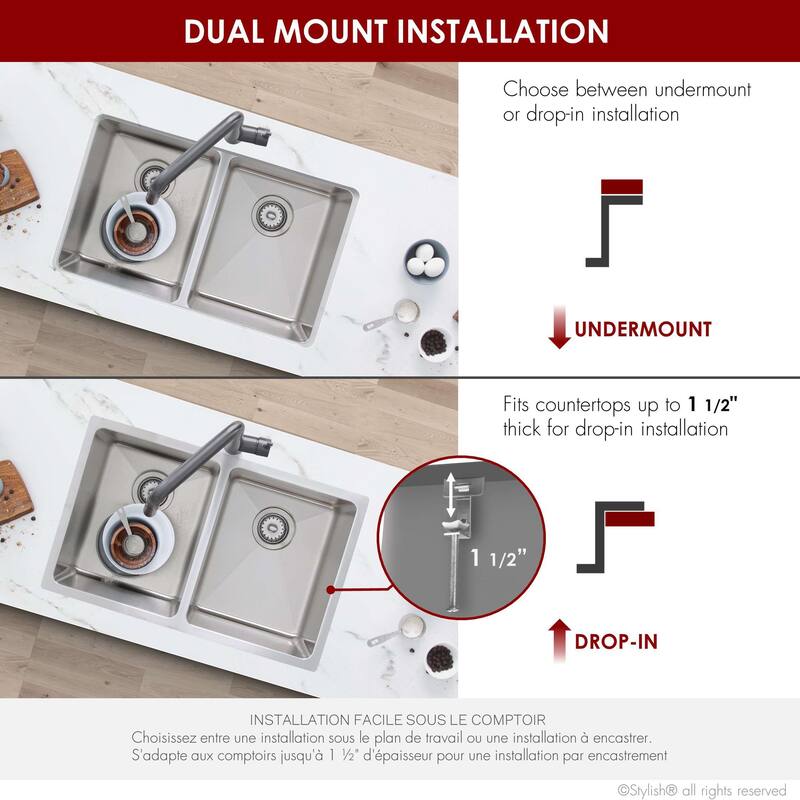 STYLISH Toledo DualMount 31" Stainless Steel Double-Bowl Kitchen Sink with Strainers - 31" x 18" x 9"
