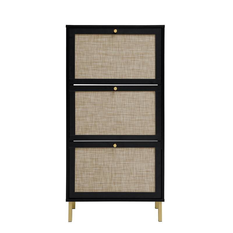 Shoe Storage Cabinet with 3 Flip Drawers, Freestanding 3-Tier Shoe Rack, Slim Shoe Organizer with Half Round Woven Rattan Doors