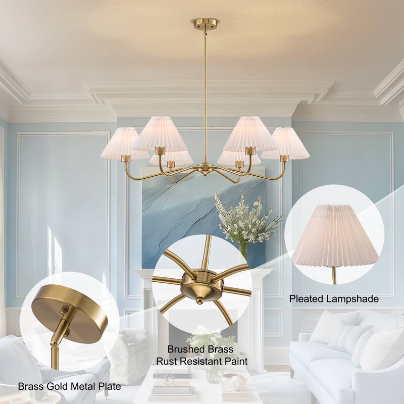Starsky 6-Light Chandelier with Pleated Fabric Shades Handmade Black & Gold for Dining Room, Kitchen, Living Room and Foyer