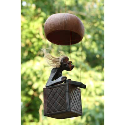 Handmade Wooden Primitive Tribal Funny Statue Riding Hot Air Balloon Sculpture Tiki Bar Handcrafted Unique Gift Decor Accent