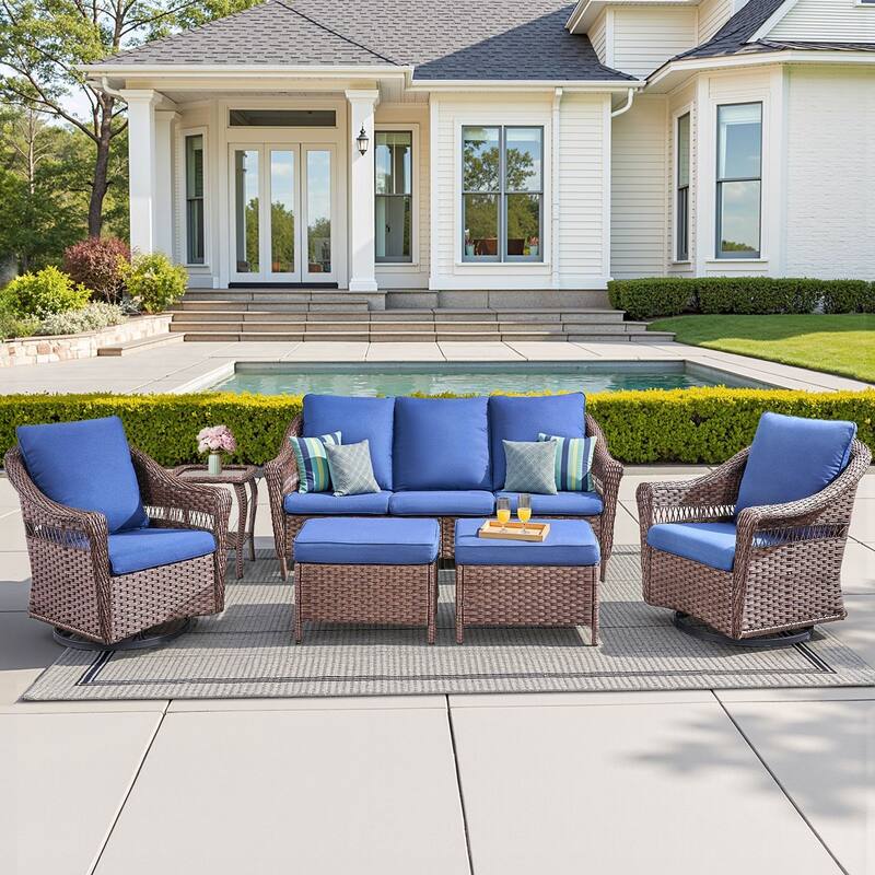 Pocassy 6 Pieces Sofa Swivel Chair with Ottomans - Brown & Blue