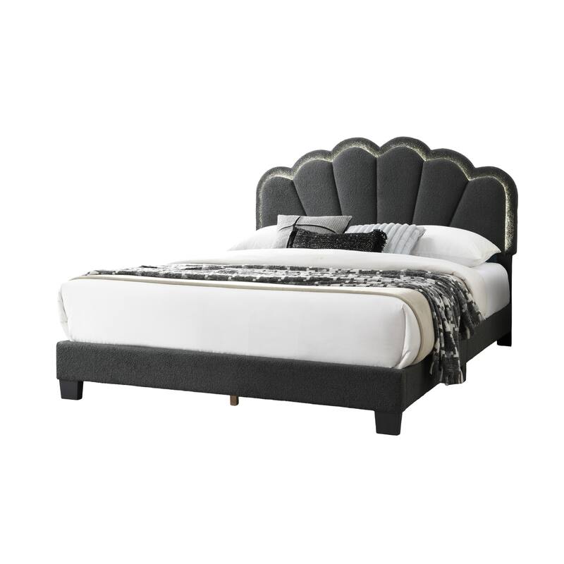 1pc Queen Size Bed Charcoal Wool Fabric Floral Design Headboard w LED Fully Upholstered Platform Bedframe
