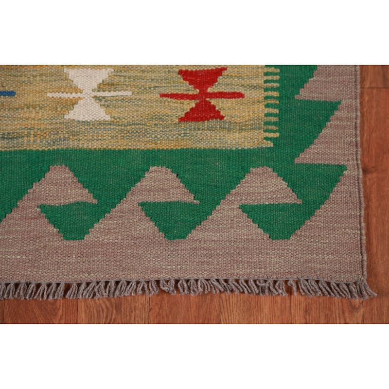 Hand Woven Oriental 100% Wool Carpet Southwestern Geometric Multi-Colored Kilim Runner Rug - 12' 9'' X 2' 7''