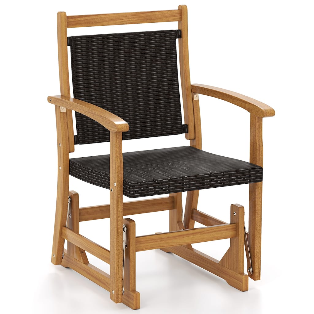 Gymax Patio Rattan Glider Chair w/ Acacia Wood Frame & Wicker Seat