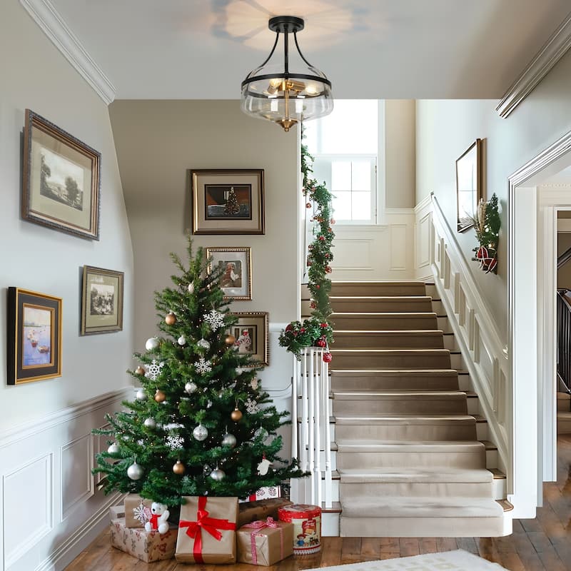 Rella Modern Farmhouse Black Gold Semi Flush Mount Light with Clear Drum Glass for Hallway - D 14" x H 14.6"
