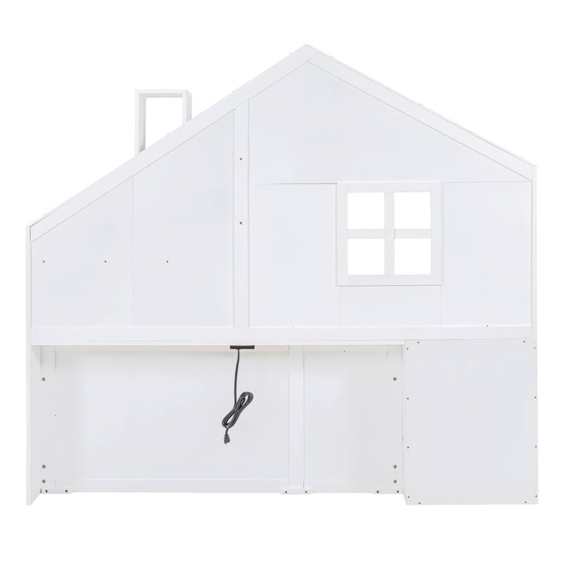 White Wooden House Platform Bed with Window and Roof, Bedside Drawers, Shelves, Sockets, and USB Port