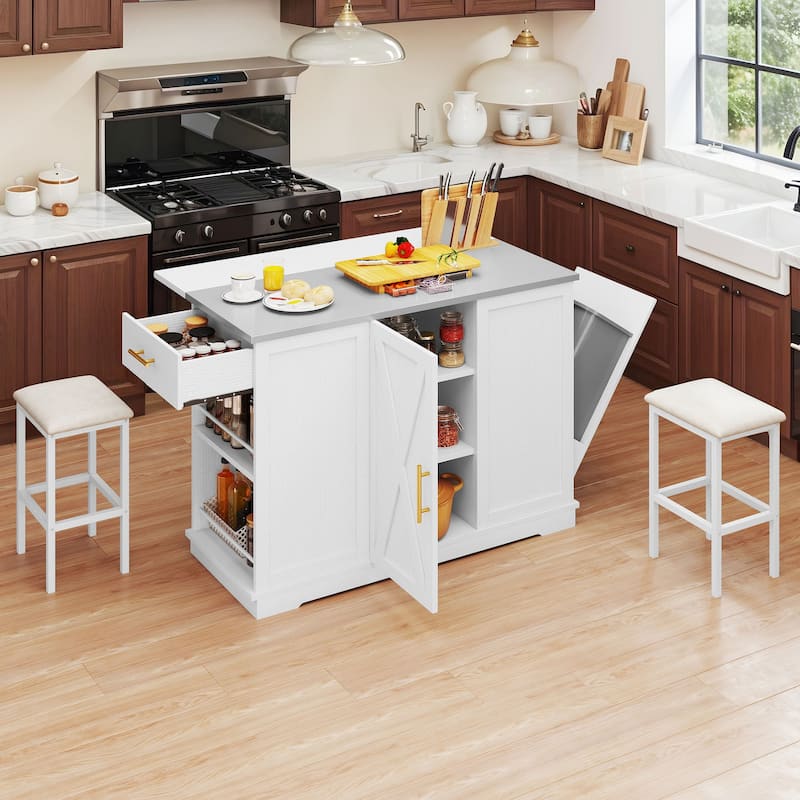 Moasis Rolling Kitchen Island with Trash Can Storage Cabinet and 2 Bar Stools - White