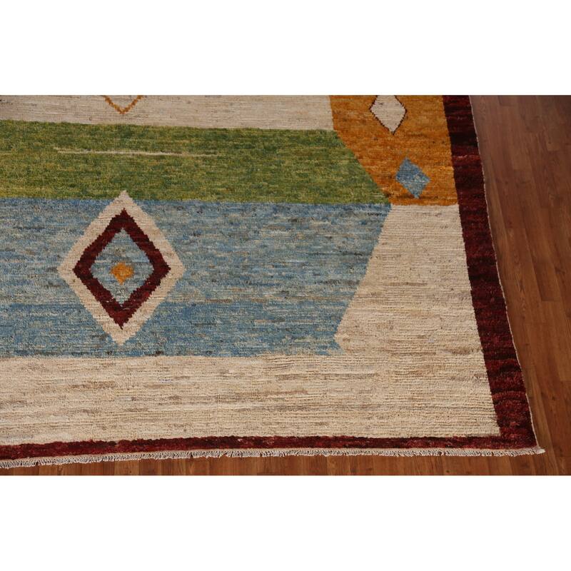 Moroccan Oriental Large Rug Handmade Modern Beige Wool Carpet - 9'11" x 13'8"