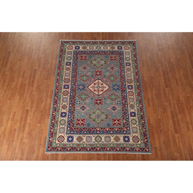 Gray Geometric Kazak Oriental Area Rug Wool Carpet - 6'3" x 8'11"