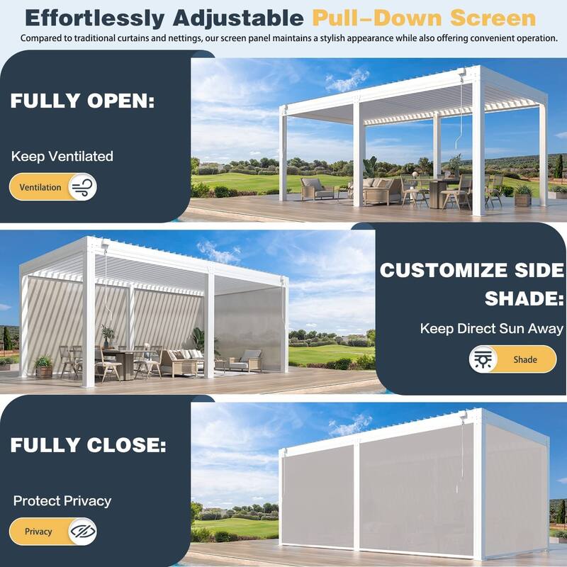 EROMMY Outdoor Louvered Pergola Gazebo with Adjustable Aluminum Rainproof Roof and Pull-Down Screen