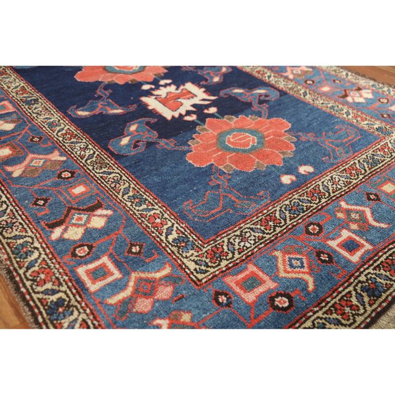 Hand Knotted Oriental 100% Wool Carpet Traditional Floral Navy Blue & Blues Heriz Runner Rug - 14' 9'' X 3' 9''