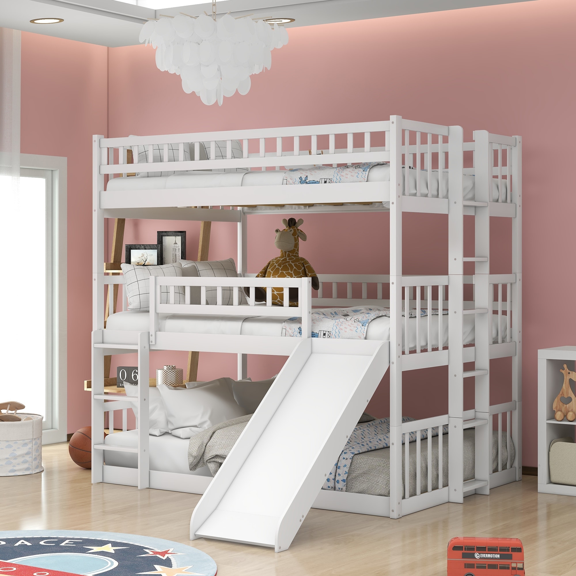 Modern Full Size Triple Bunk, Solid Pine Wood Bunk Bed with Full Length Guardrail, 2 Ladder and Slide