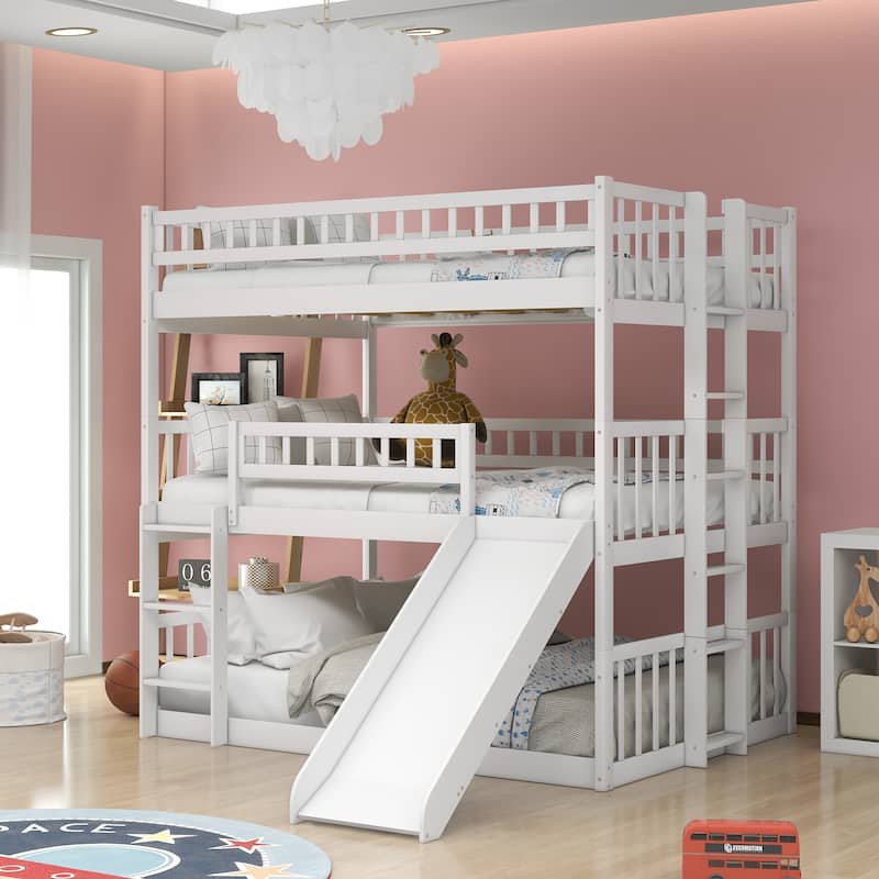 Roomfitters Full Over Full Over Full Triple Bunk Bed with Built-in Ladders, Convertible Slide, and Guardrails