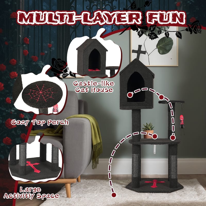 57" Gothic Cat Tree with Multi-Level Platforms and Scratching Posts Cozy Condo and Coffin Bed