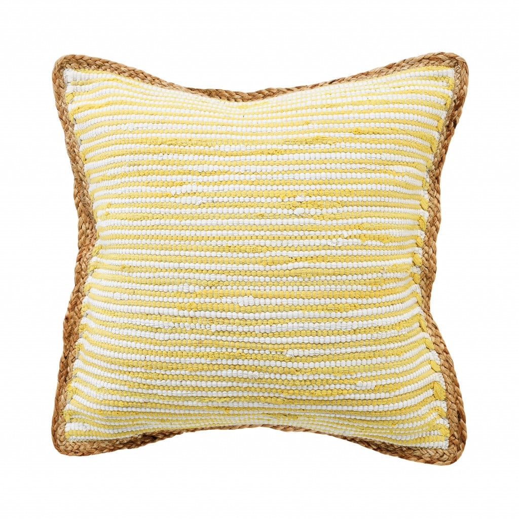 HomeRoots 20" X 20" Golden Yellow, White And Tan 100% Cotton Striped Zippered Pillow