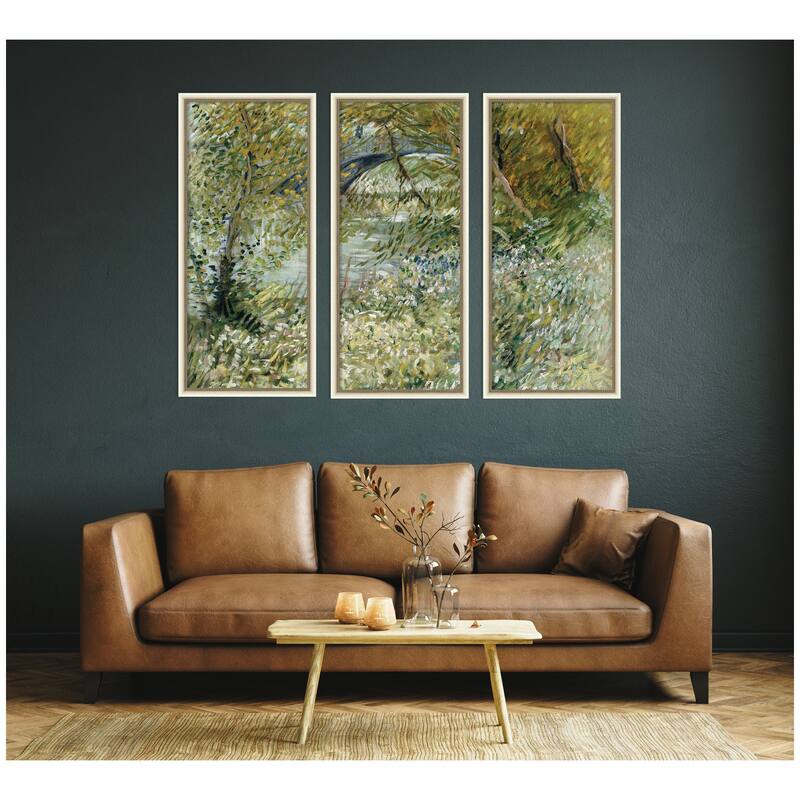 Kate and Laurel Vincent van Gogh River Bank in Springtime 1887 3 Piece Framed Wall Art Print Set by Nostalgia Prints