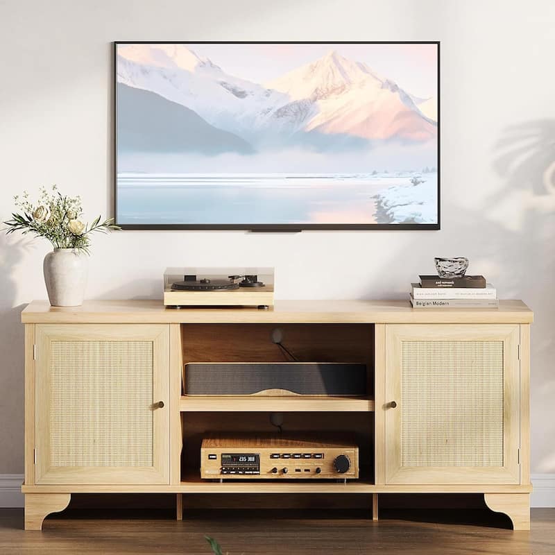 Farmhouse Entertainment Center Rattan TV Stand Fits TVs Up to 70 Inches for Living Room - N/A - Oak
