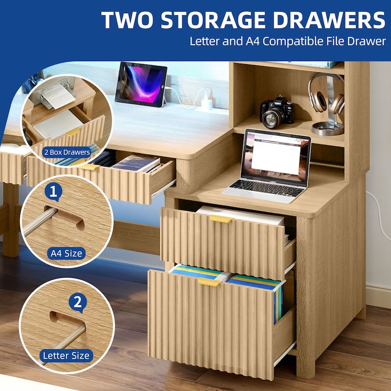 Moasis L Shaped Computer Desk with Hutch and Drawers Home Office Desk w/LED Light and Power Outlets
