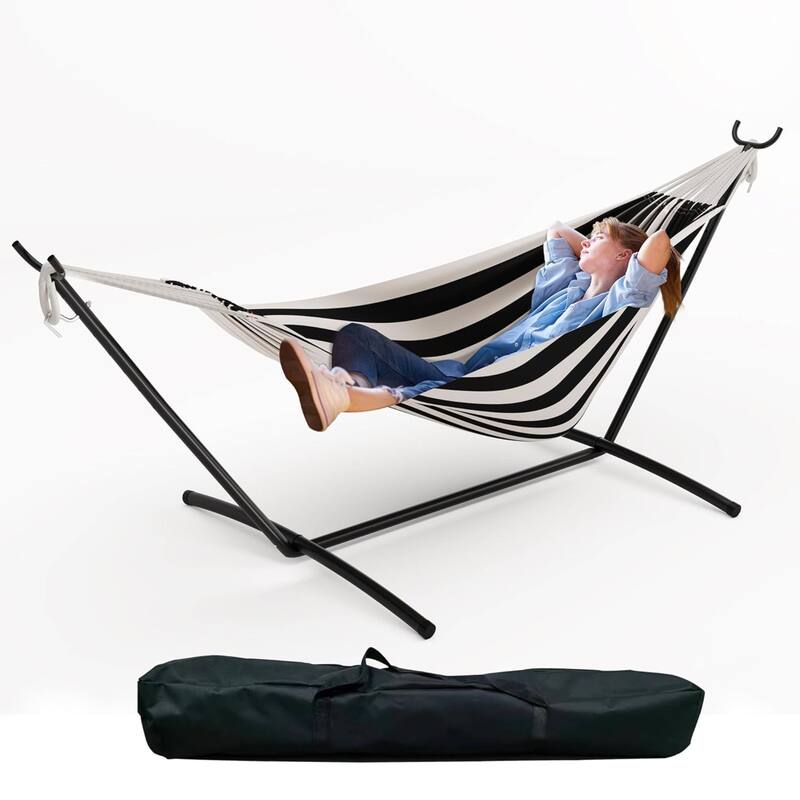 450lb Large Capacity Double Hammock with Steel Stand with Carry Bag for Patio Backyard Poolside - White+Black Stripes
