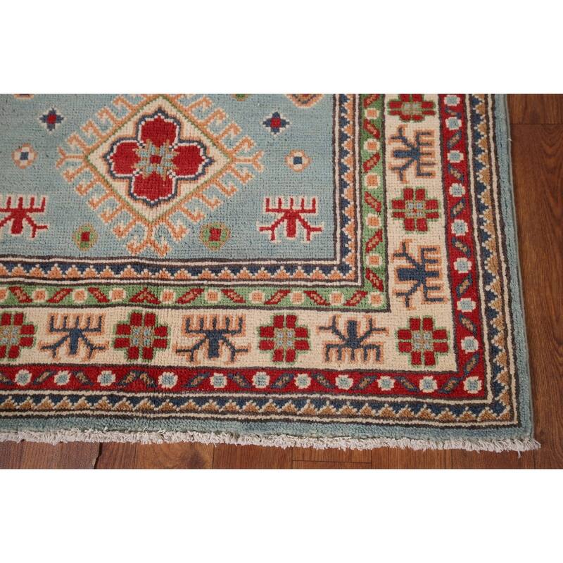 Light Blue Geometric Kazak Accent Rug Hand-Knotted Foyer Wool Carpet - 2'8" x 4'3"