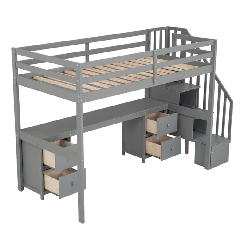 Twin Loft Bed with Built-in Desk and Double Storage Drawers, Gray