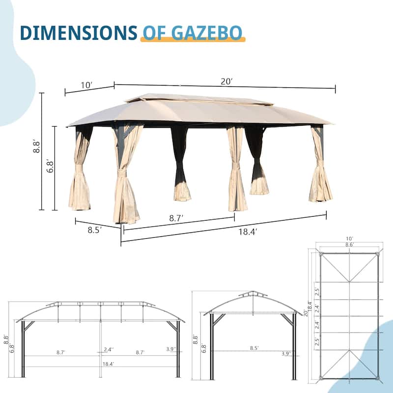 GDFStudio - Outdoor Gazebo with Mosquito Netting, Metal Frame Double Roof Soft Top Canopy Tent for Backyard, Garden, Patio