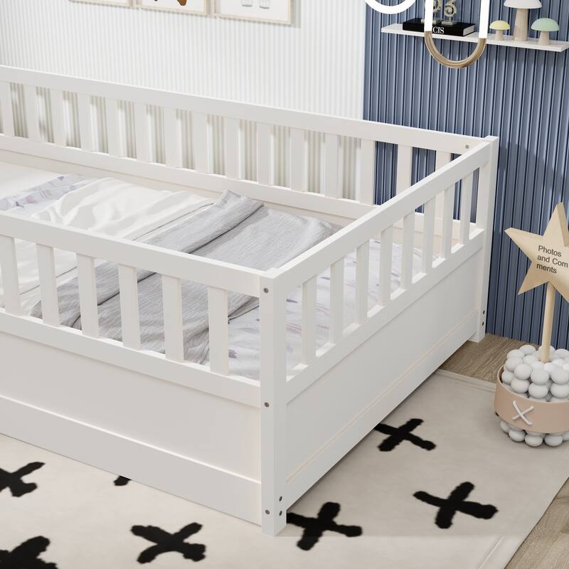 Children's Twin Floor Bed with Safety Guardrails & Door, Montessori Wooden Bed Frame for Bedroom Play Area