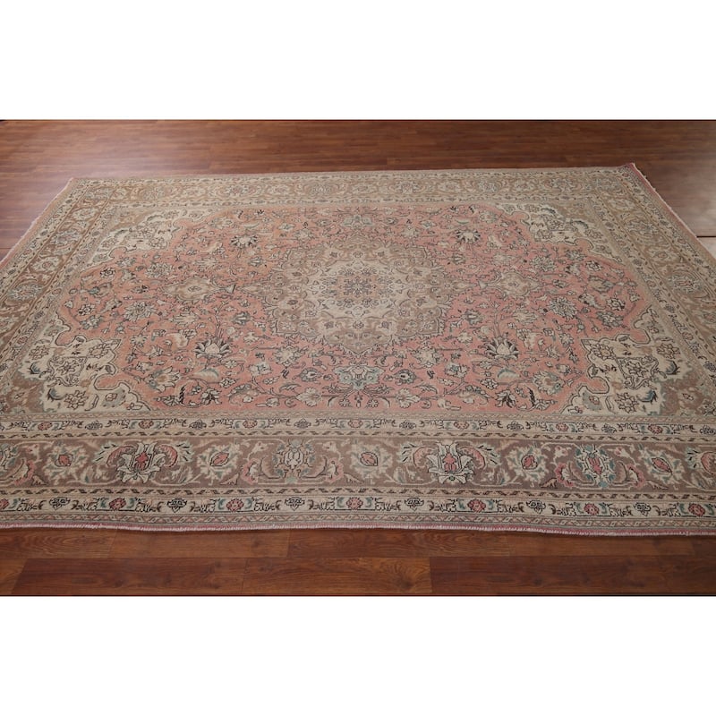 Pink Tabriz Vintage Persian Rug Hand-Knotted Traditional Wool Carpet - 6'6" x 9'11"