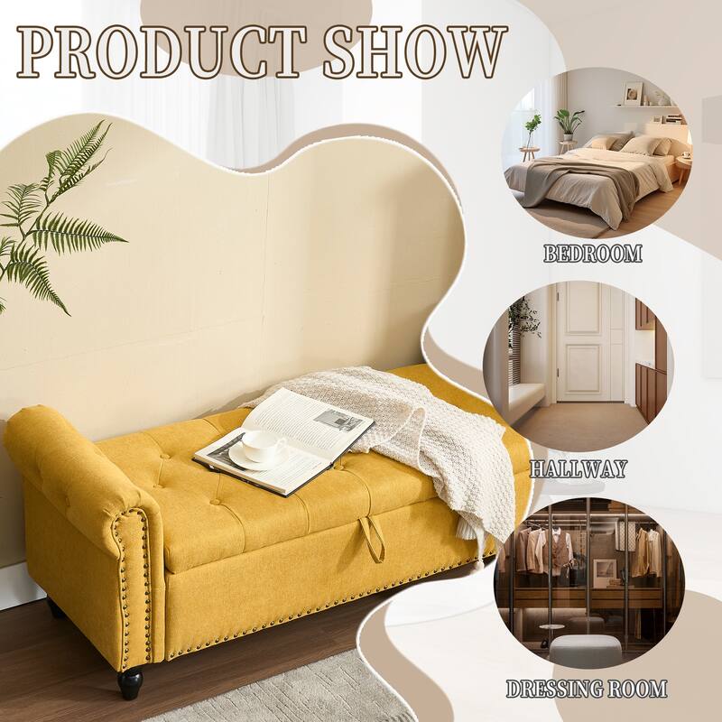 Upholstered Storage Ottoman Bench - Button Tufted Linen Ottoman with Hidden Storage for Living Room or Bedroom