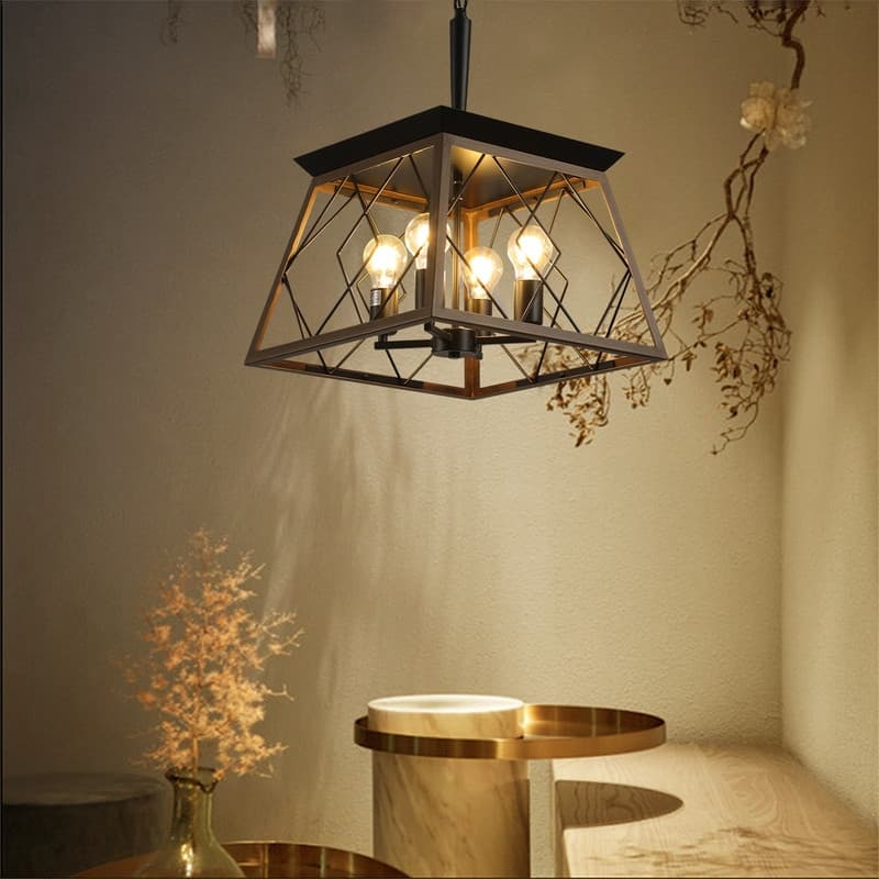 16" Black Industrial 4-Light Pendant Chandelier, Modern Metal Cage Design, Adjustable Hanging Light for Dining Room, (No Bulbs)