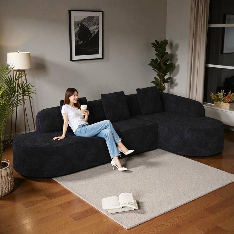 111.8" Curved L-Shaped Modular Sofa with Lychee-Textured Long-Pile Polyester Fabric and 3 Pillows for Living Room