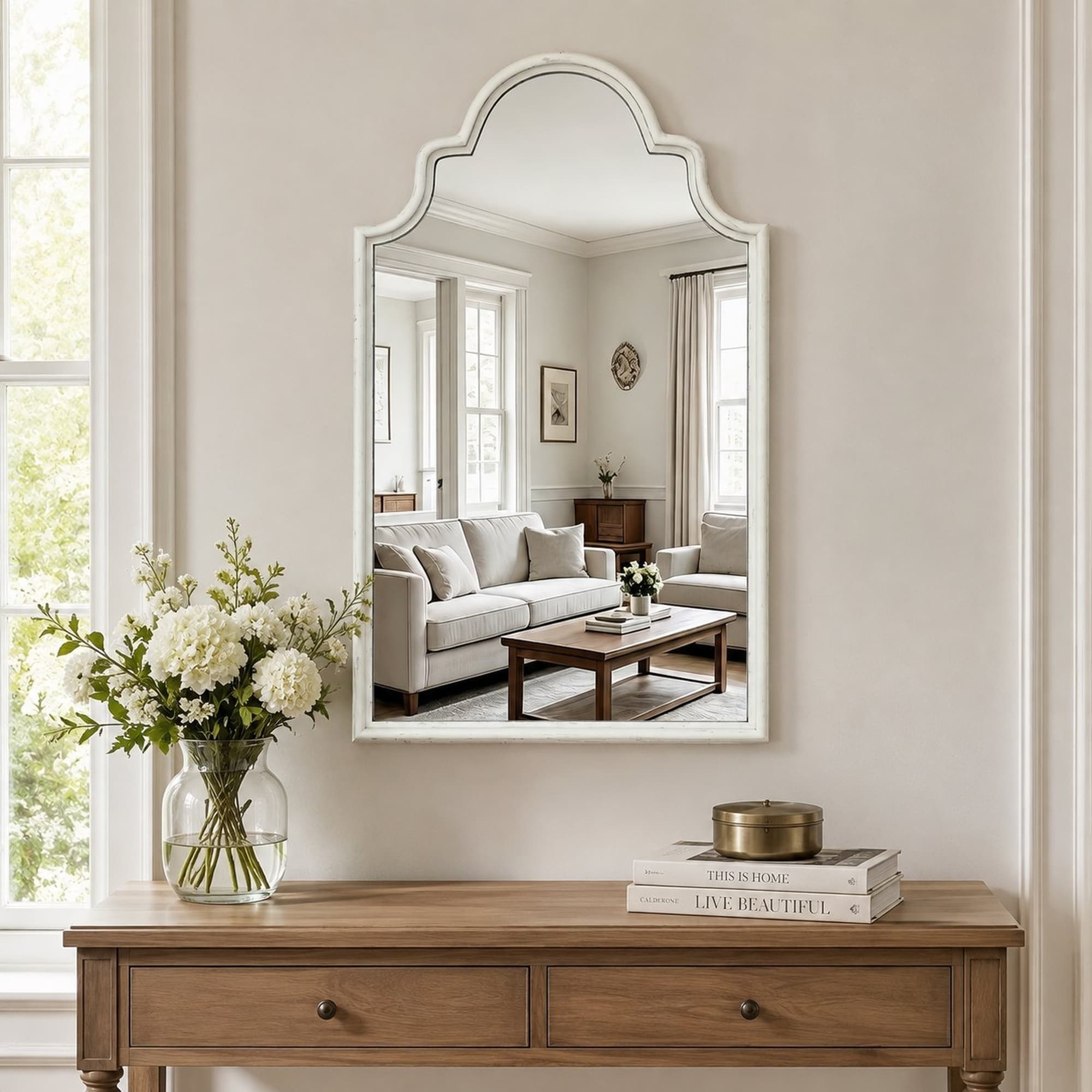 Farmhouse Distressed White Arch Wood Wall Mirror