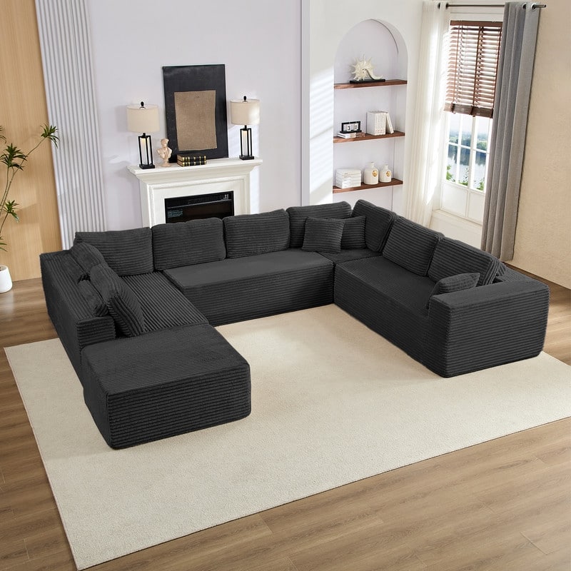 Corduroy 141'' Deep Seat Modular Sectional Sofa, Modern 8-Seater U-Shape Sofa Couch with Moveable Ottoman