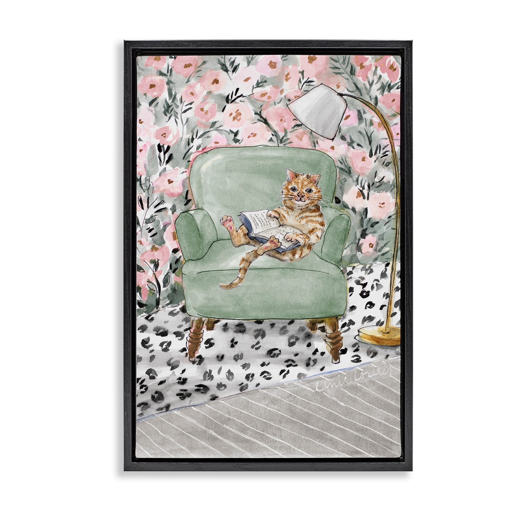 Stupell Cozy Cat Reading Framed Floater Canvas Wall Art Design By Lanie Loreth