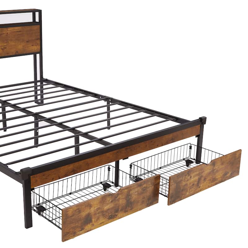 Metal Platform Bed with LED Lights and Wooden Headboard