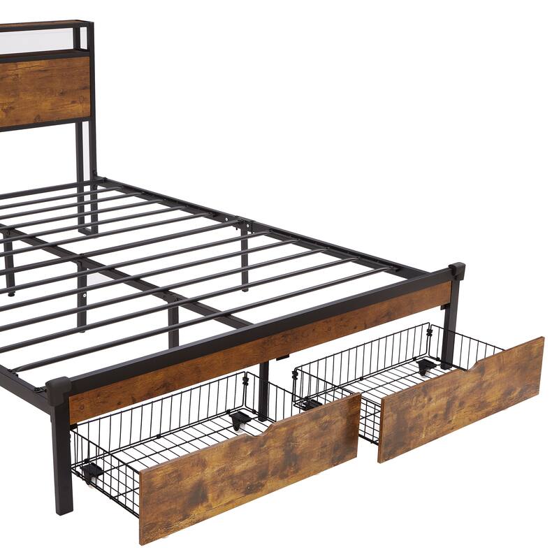 Queen Size Metal Platform Bed Frame with Wooden Headboard and Footboard with USB,Charging Station,2 Drawers,LED Lights