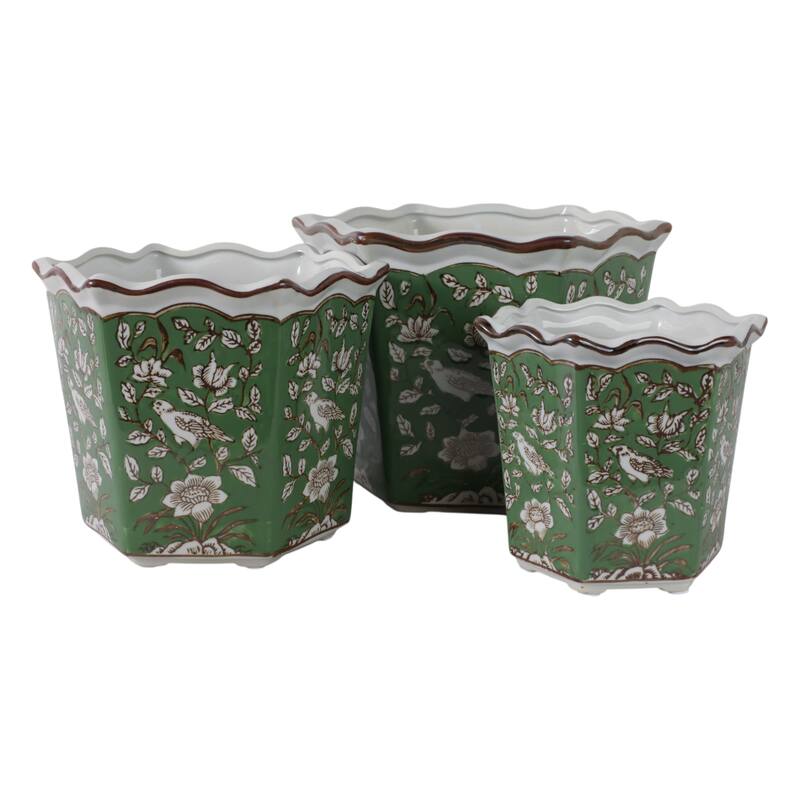 Ceramic Planters Intricate Detailing Durable Handmade (Set of 3) - 12" x 11" x 9"