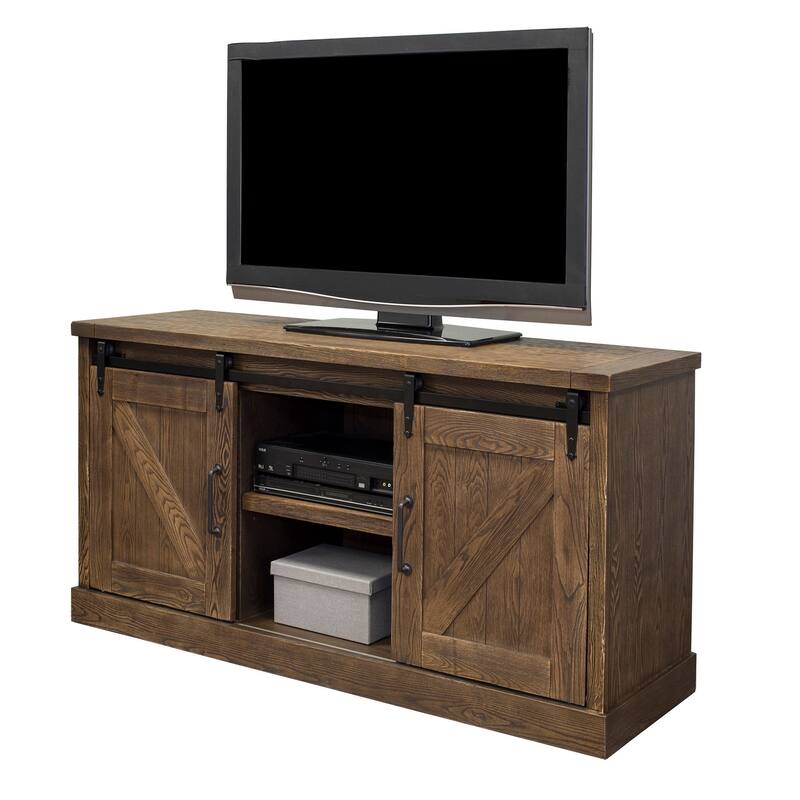 Avondale 60" TV Console, Barn Door Entertainment Stand, Wood Accent Cabinet, Brown