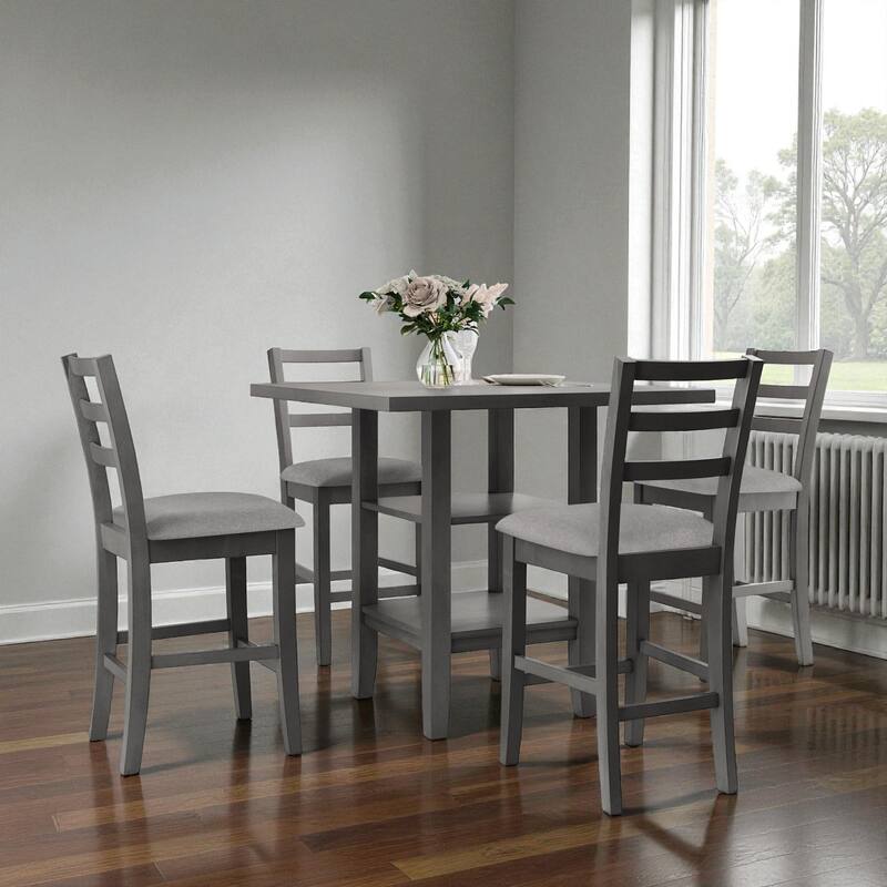 5-Piece Counter Height Dining Set, 35.4" Square Wood Table with Storage Shelf and 4 Upholstered Chairs for Kitchen