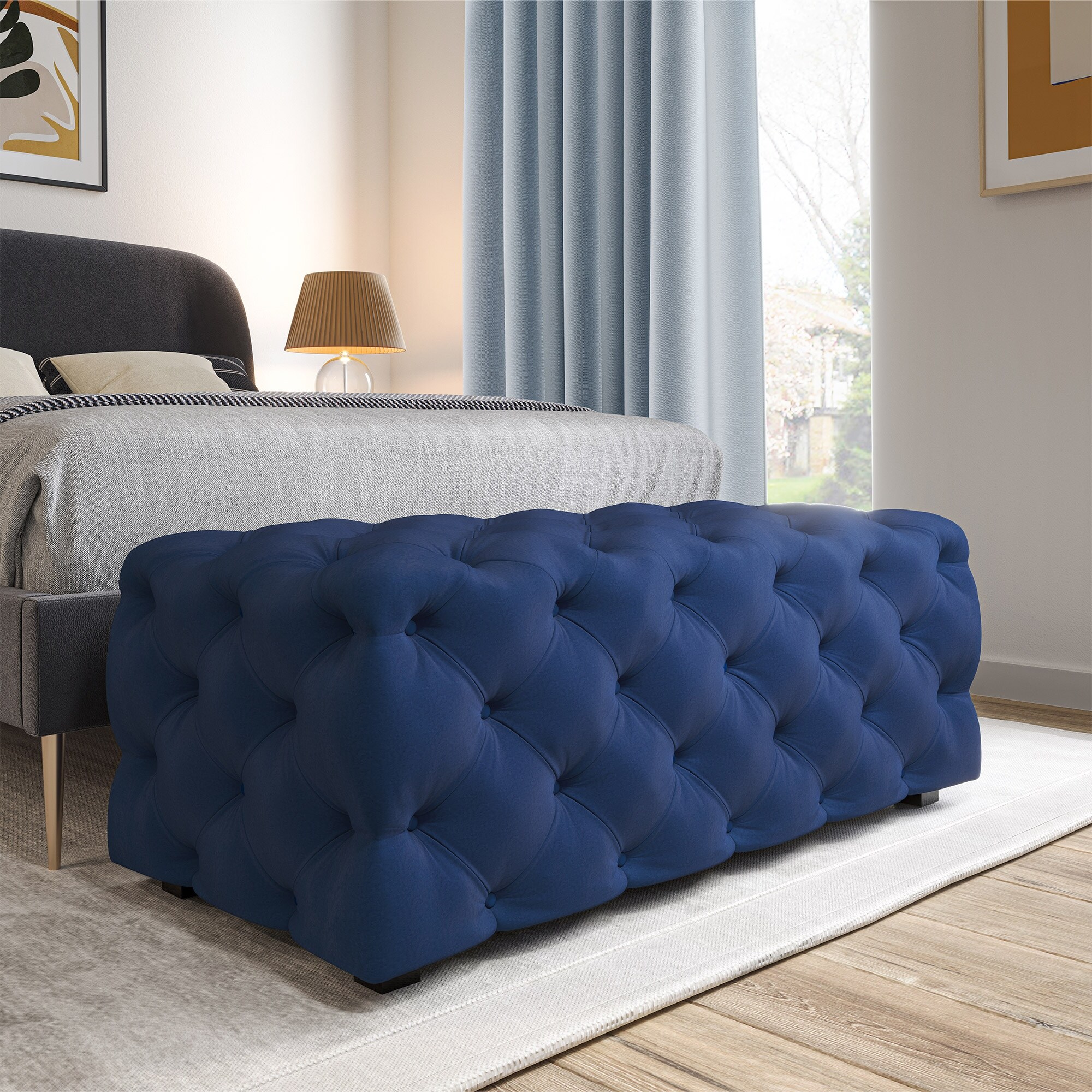 BELLEZE Zayne Velvet Tufted Ottoman Bench w Wood Legs 4 Colors