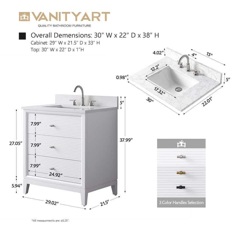 Vanity Art 30" Freestanding Bathroom Vanity with Engineered Marble Top and Sink